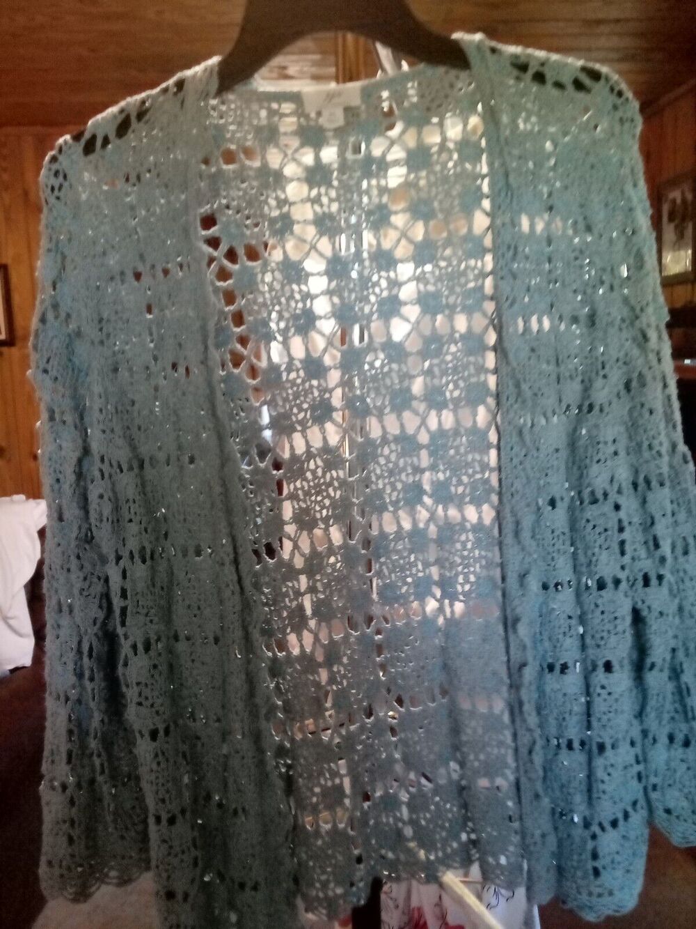 J Jill Women's Linen Cotton Seafoam Green Crochet XL Cardigan Sweater